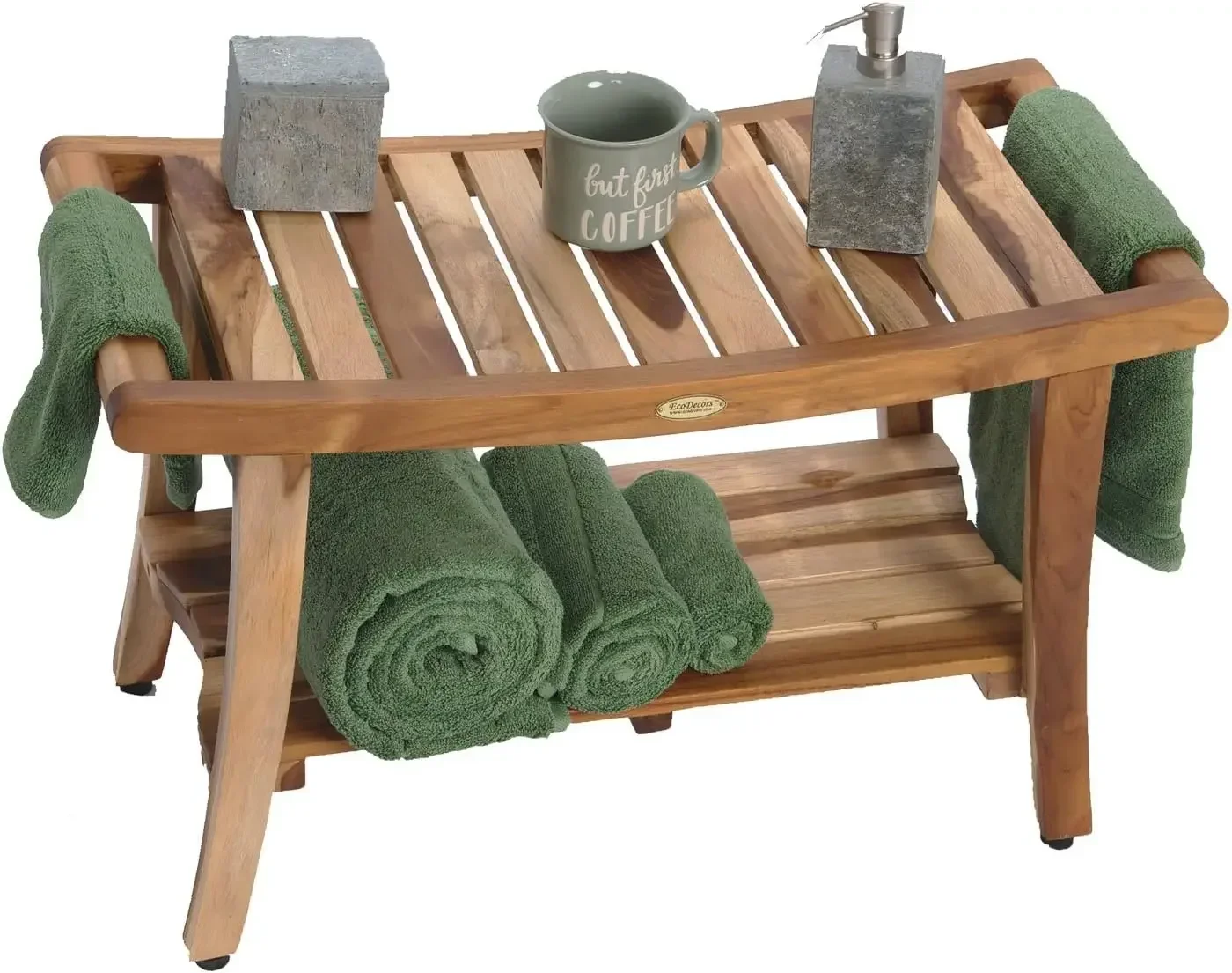 Banco De Chuveiro De Teca De Madeira Natural Com Prateleira E Braços, 30 "Long Stool, Banco De Chuveiro Em Acabamento De Teca Terroso