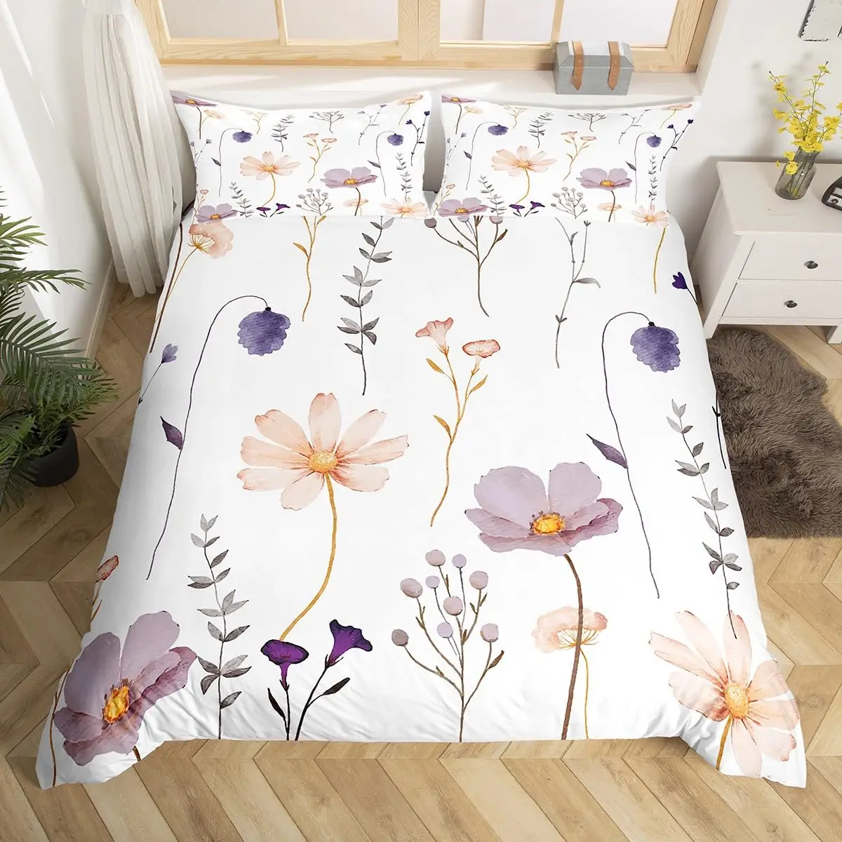 Yellow Grey Flower Comforter Cover King Watercolor Floral Duvet Cover Modern White Bedding Set Pastoral Branches Quilt Cover