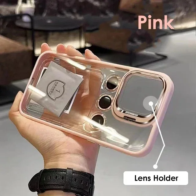 

with Camera Lens Glass Film Shockproof Phone Case For IPhone 13 12 15 14 Pro Max Cases Transparent Metal Ring Bracket Back Cover