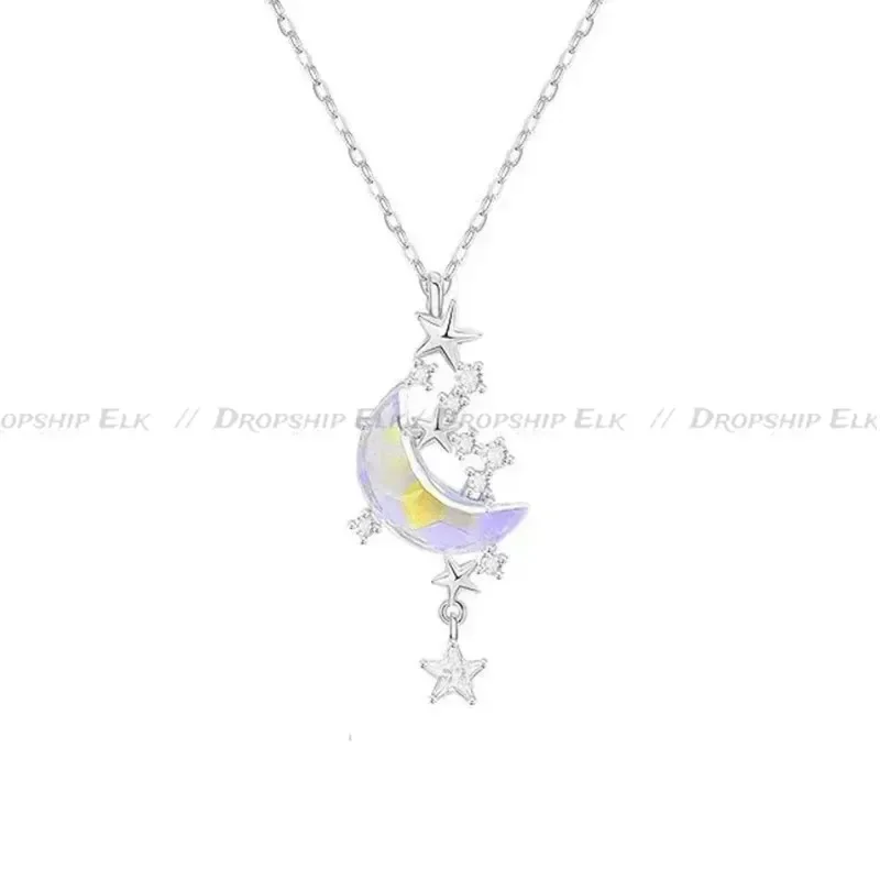 Tendência temperamento lua e estrela pingente de cristal colar para mulheres charme cor prata aço e titânio gargantilha jóias presentes