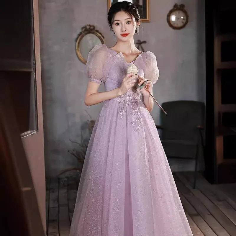 2025 Women's New Mesh Sexy V-neck Sparkling Evening Dress Fashionable Slimming Princess Sleeve Banquet President's Dress