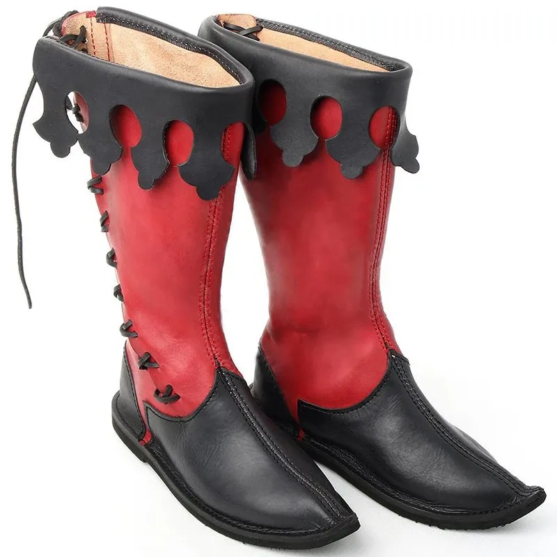 Retro Color Blocking Leather Scalloped Knee-High Boots Lace-Up Detail Pointed Toe Boots Medieval Knight Style Cosplay Daily Wear