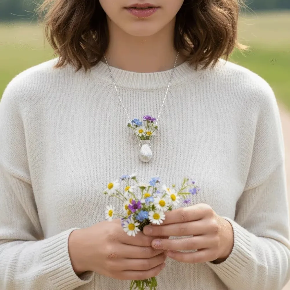 New Vintage Vase Pendant Wearable DIY Flower Bouquet Can Be Inserted Silver Color Hollow Vase Women Fashion