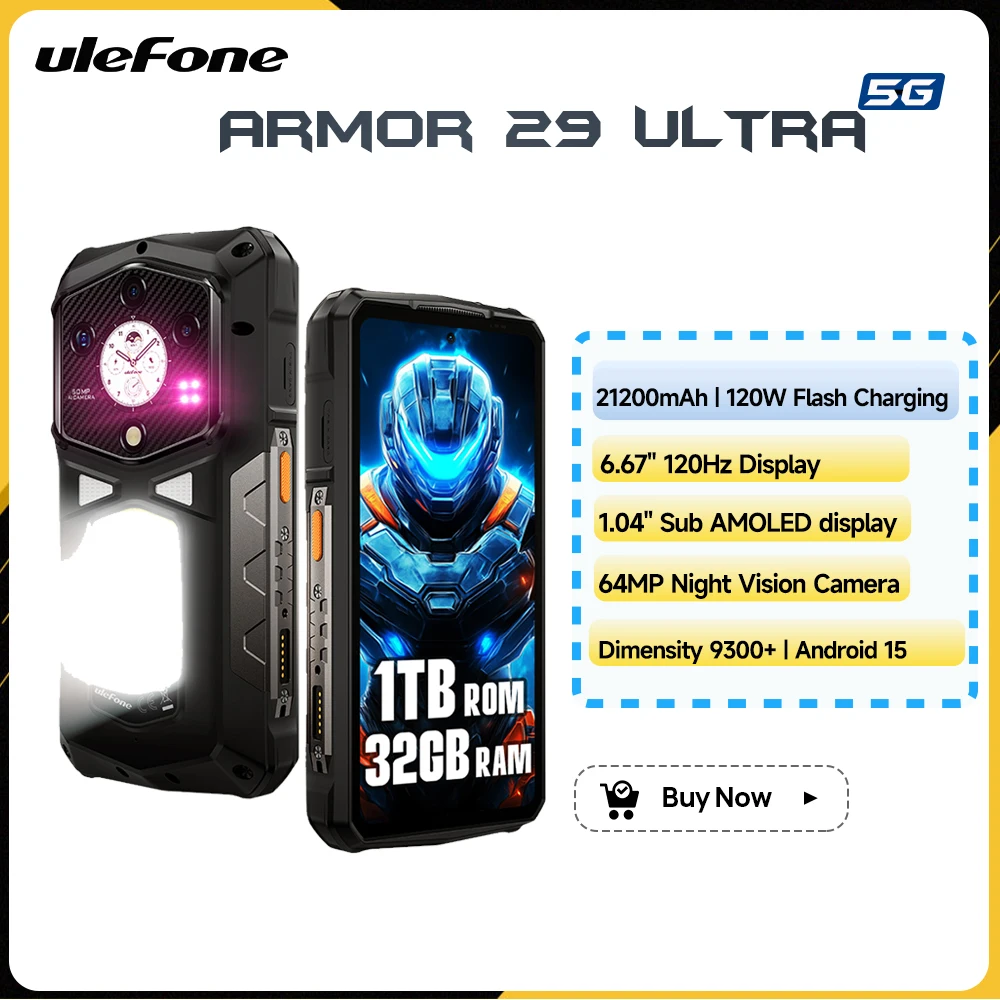 Ulefone Armor 29 Ultra 21200mAh 5G AI Robuuste Telefoon Dimensity 9300+ 1TB ROM 64MP Smartphone Android 15 Dubbel Scherm 120Hz NFC
