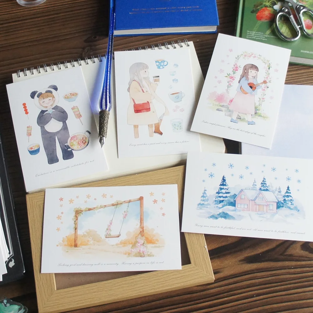 

15pcs Watercolor Draw A Happy Girl Card As Party Invitation DIY Decoration Gift Card Message Card Postcard Scrapbooking Use