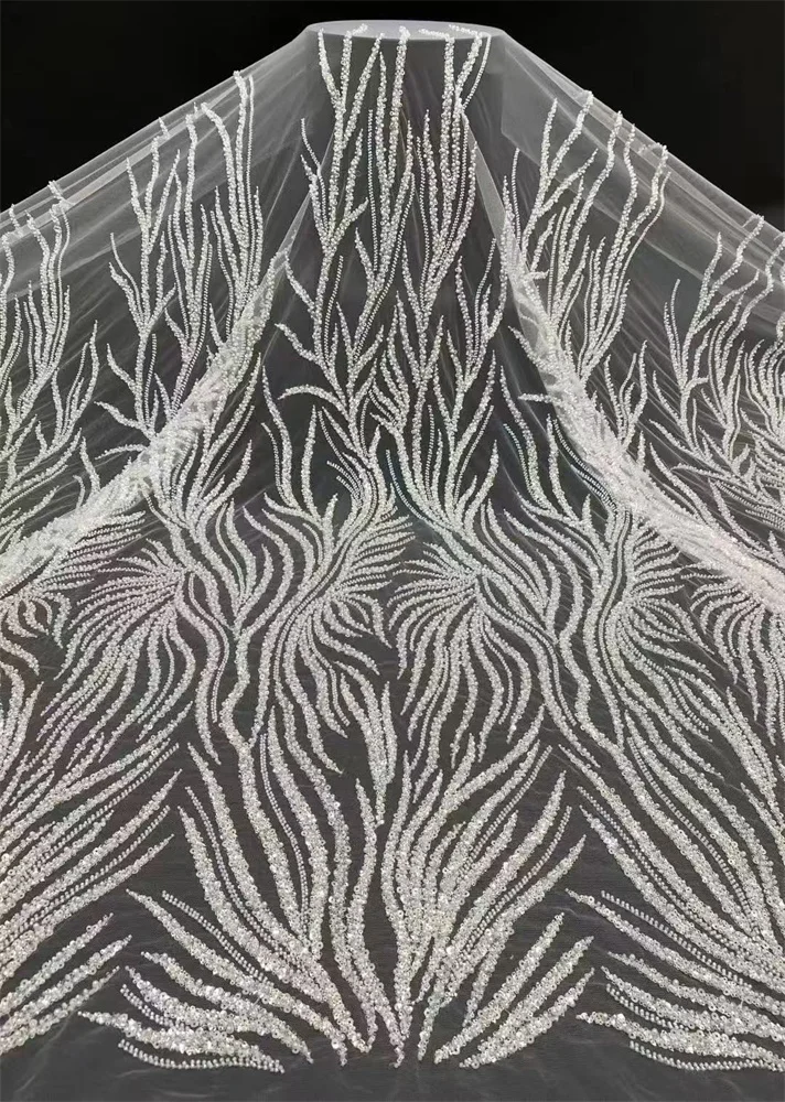 Tessuto trasparente pizzo tulle francese di alta qualità pizzo netto paillettes perline tessuto di pizzo per abiti da sera da sposa 5 yard