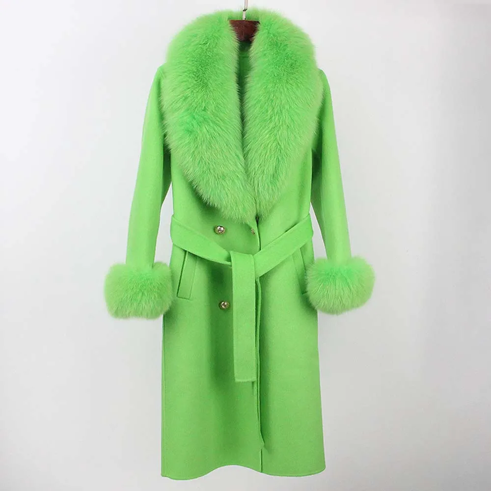 เสื้อโค้ทขนสัตว์แท้แฟชั่นใหม่ ฤดูหนาว 2025 แจ็คเก็ตยาวสำหรับผู้หญิง ผสมขนสัตว์ธรรมชาติและแคชเมียร์ กระดุมสองแถว มีเข็มขัด ให้ความอบอุ่น สไตล์สตรีทแวร์