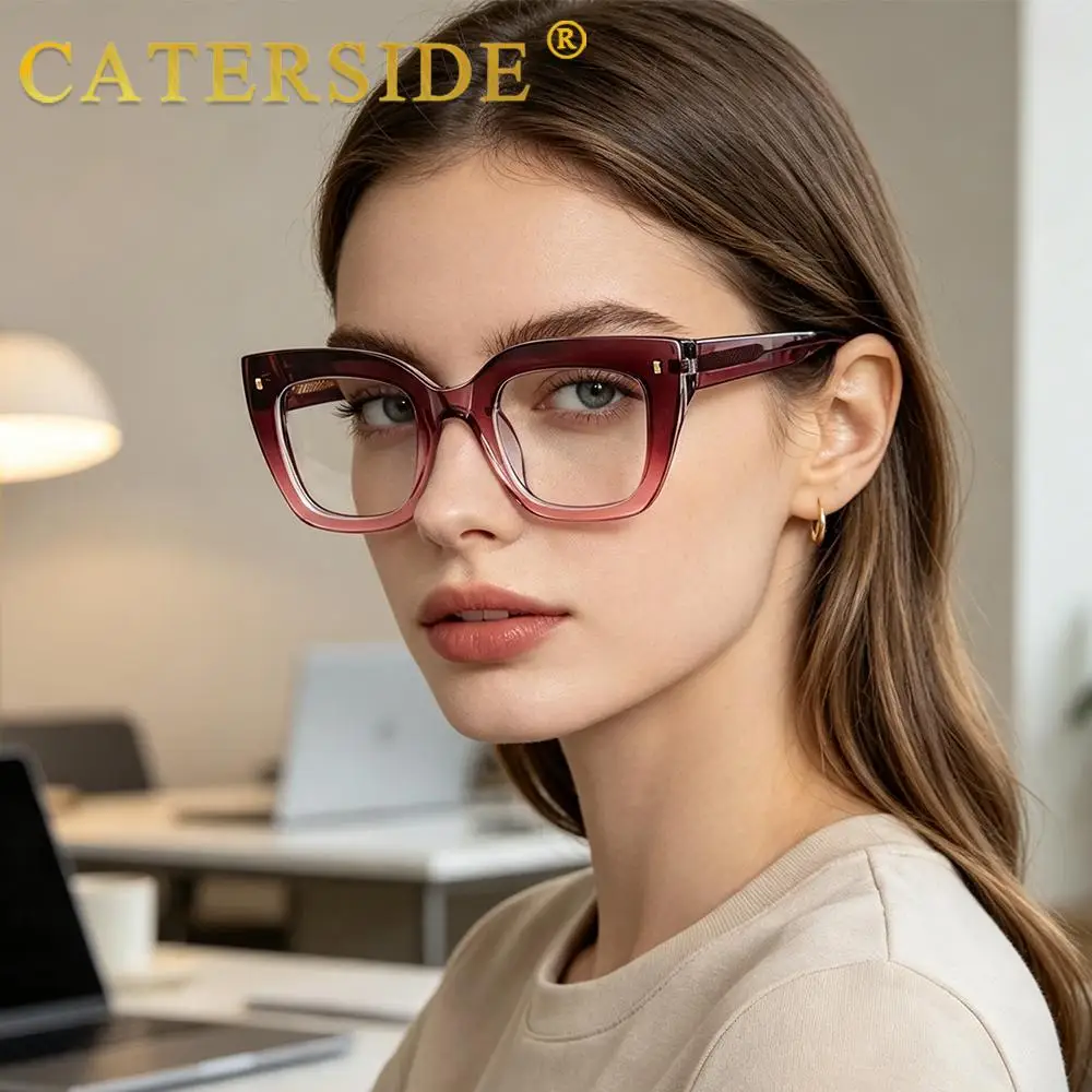 CATERSIDE Modische Damen-Katzenaugen-Brille mit Flachglas, Tr-90, Quadratischer Dicker Rahmen, Blaulichtfilter-Brille für Büro und Freizeit – Detail 2