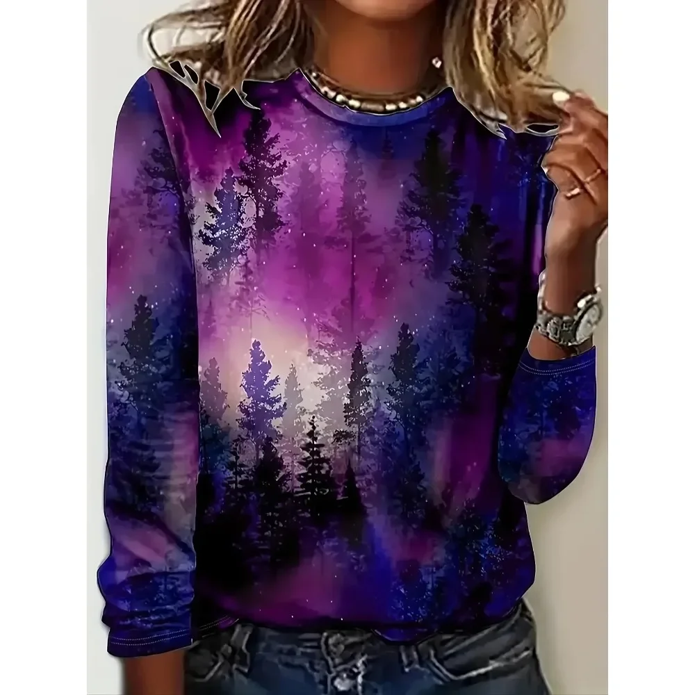 

Plus Size Women Long Sleeve forest print T-shirt