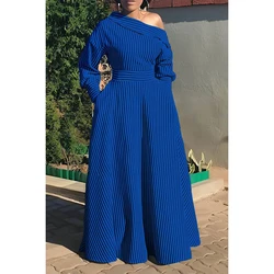 Vestido casual com gola oblíqua, tamanho positivo, listra azul, vestido maxi com bolso