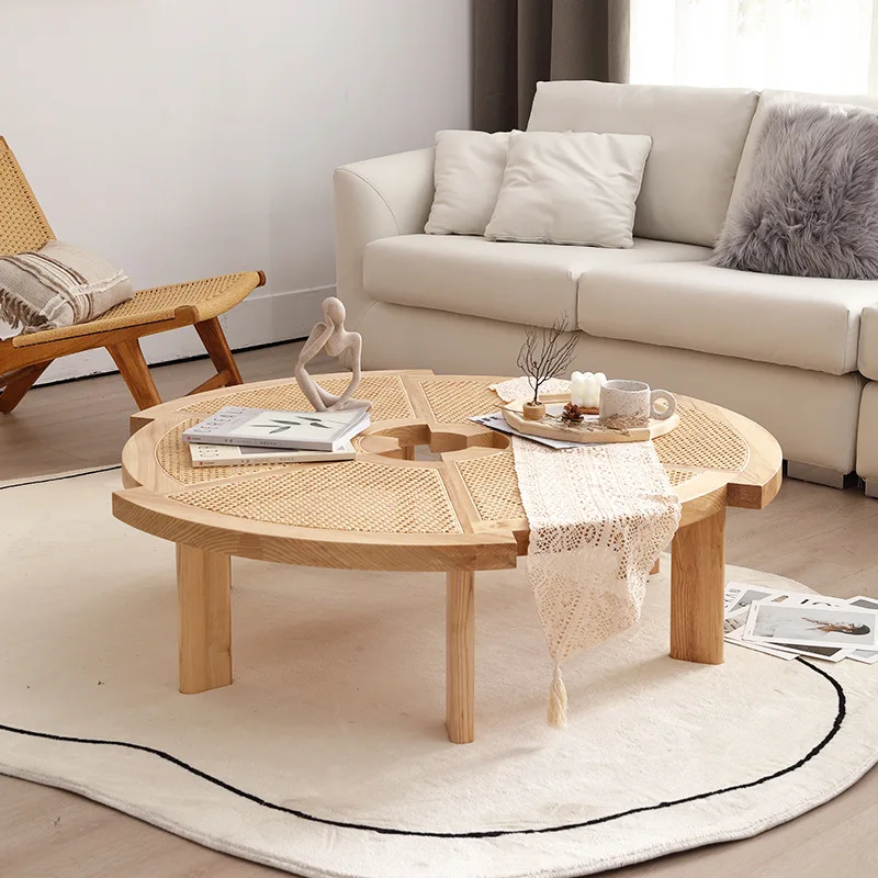 Japanese-Style Log Circle and Creative Solid Wood Simplicity Real Rattan Tea Table Gear Minimalist Coffee Table Rattan