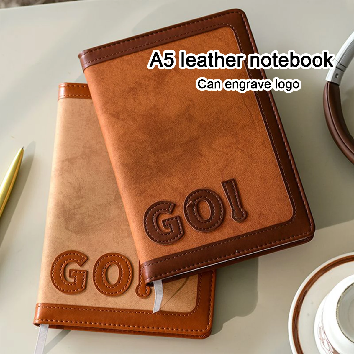 (Can Engrave Logo) A5 High-grade Leather Student Study Notebook, Work Notepad, Business Meeting Record excerpt Book, Diary