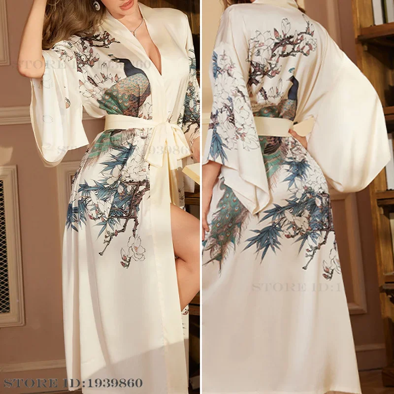 New Long Robe Women\'s Sleepwear Print Flower Kimono Bathrobe Gown Yukata Loose Silk Satin Nightdress Homewear Intimate Lingerie