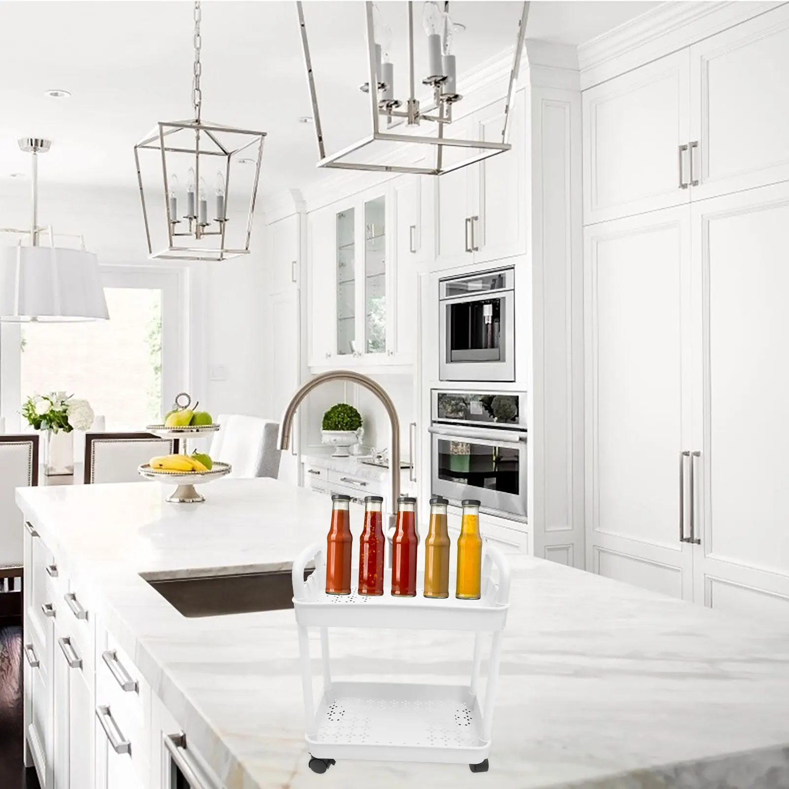 

Utility Cart with Wheels 2 Layer Portable Organizer for Kitchen Bathroom Dorm Multi-Purpose Storage Rack Simple White