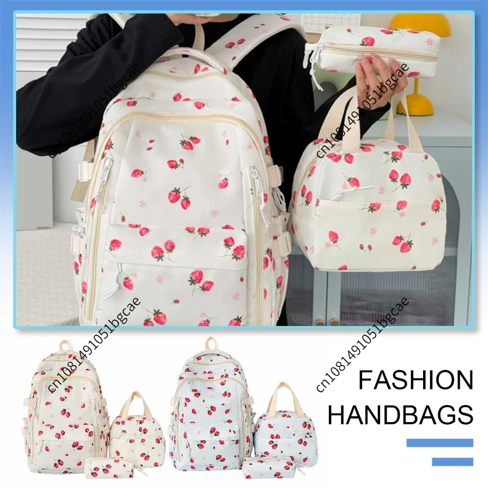 Strawberries Cute Kawaii Backpack Set with Lunch Box and Pencil Pouch Aesthetic Daypack Aesthetic Preppy Backpack for Teenagers