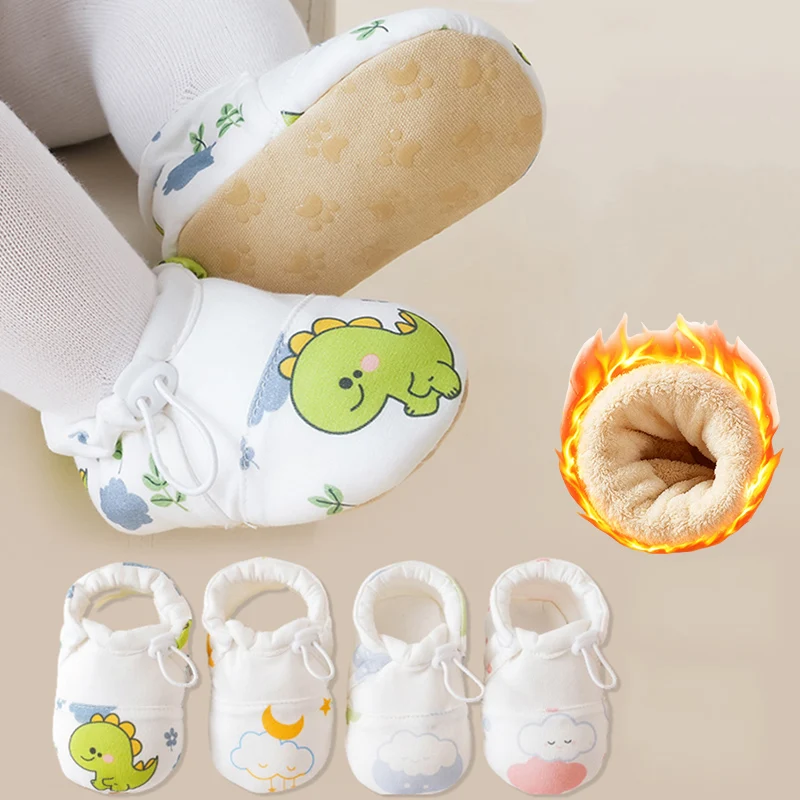 Winter Warm Baby Fleece Booties Cute Cartoon Infant Soft Anti-slip Sole Crib Newborn Shoes First Walkers with Adjustable Strap