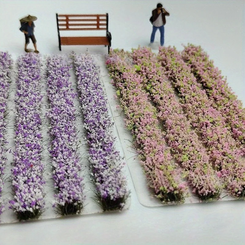 4 unids/caja grupos de flores en forma de tira, grupos de flores de simulación de modelo arquitectónico DIY, paisaje de césped en miniatura de mesa de arena