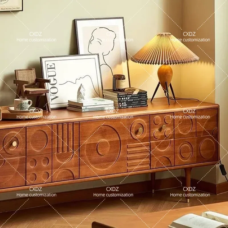 Nordic Retro Solid Wood TV Cabinet Coffee Table Medieval Modern Carved Small Apartment Storage Living Room Boxwood Locker