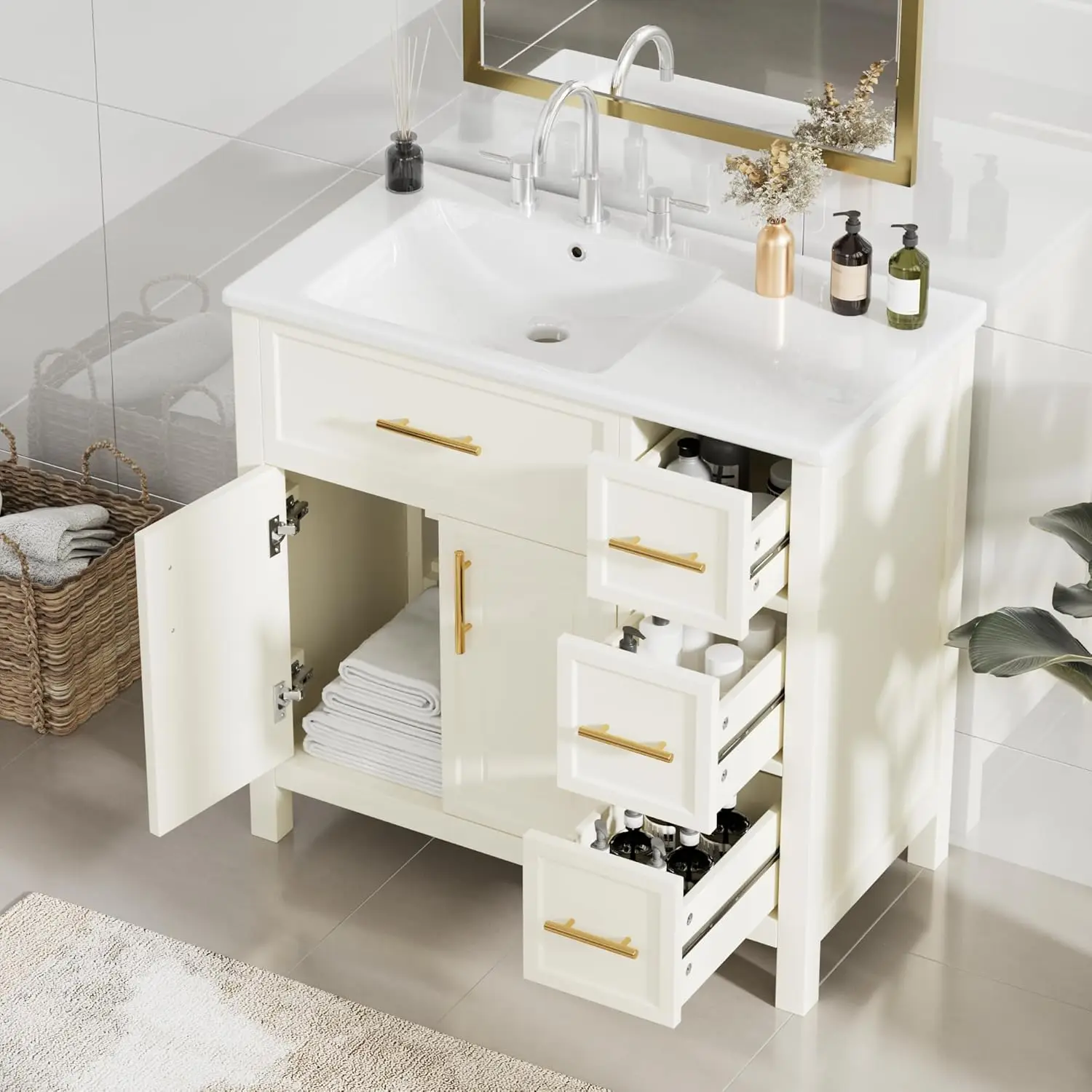 

36in Bathroom Vanity Left Sink 3 Drawer 2 Door Solid Wood MDF Off White, Customized