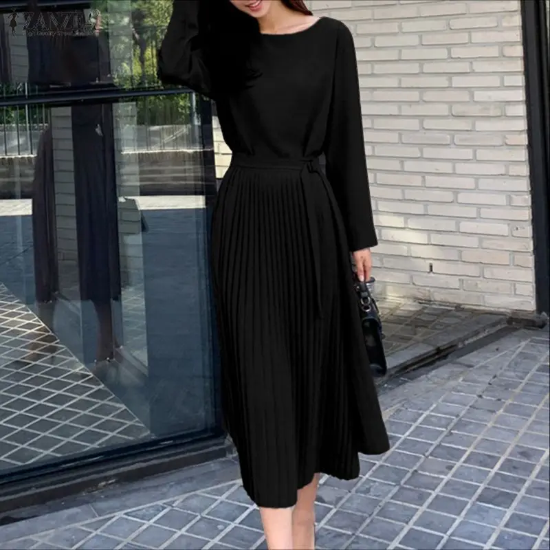 ZANZEA 2025 فساتين قميص طويلة أنيقة للخريف بأكمام طويلة فساتين نسائية عصرية بطيات غير رسمية فضفاضة وشاحات رداء الحفلات #3