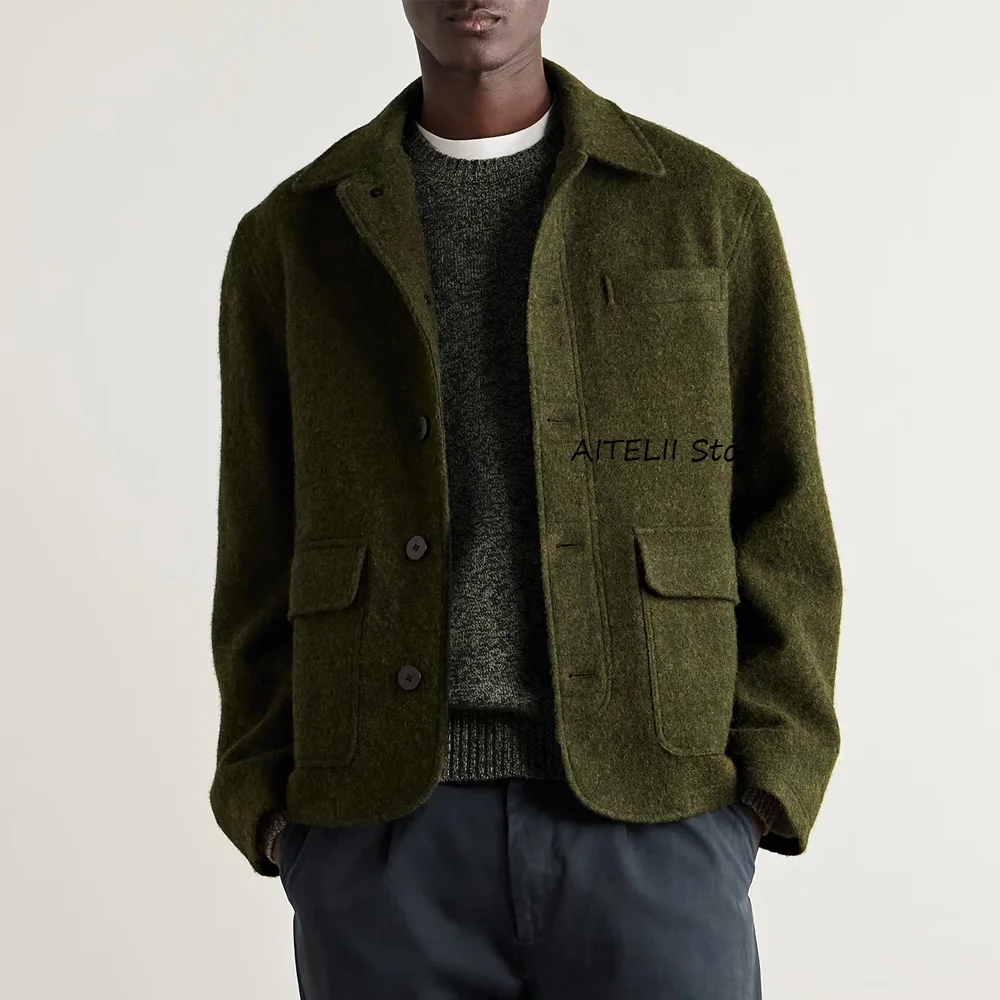 

Men's Casual Jackets Flap Square Pockets Vintage Wool Fabric Fashion Suit Jackets for Man Lapel Single-breasted Suits Blazer