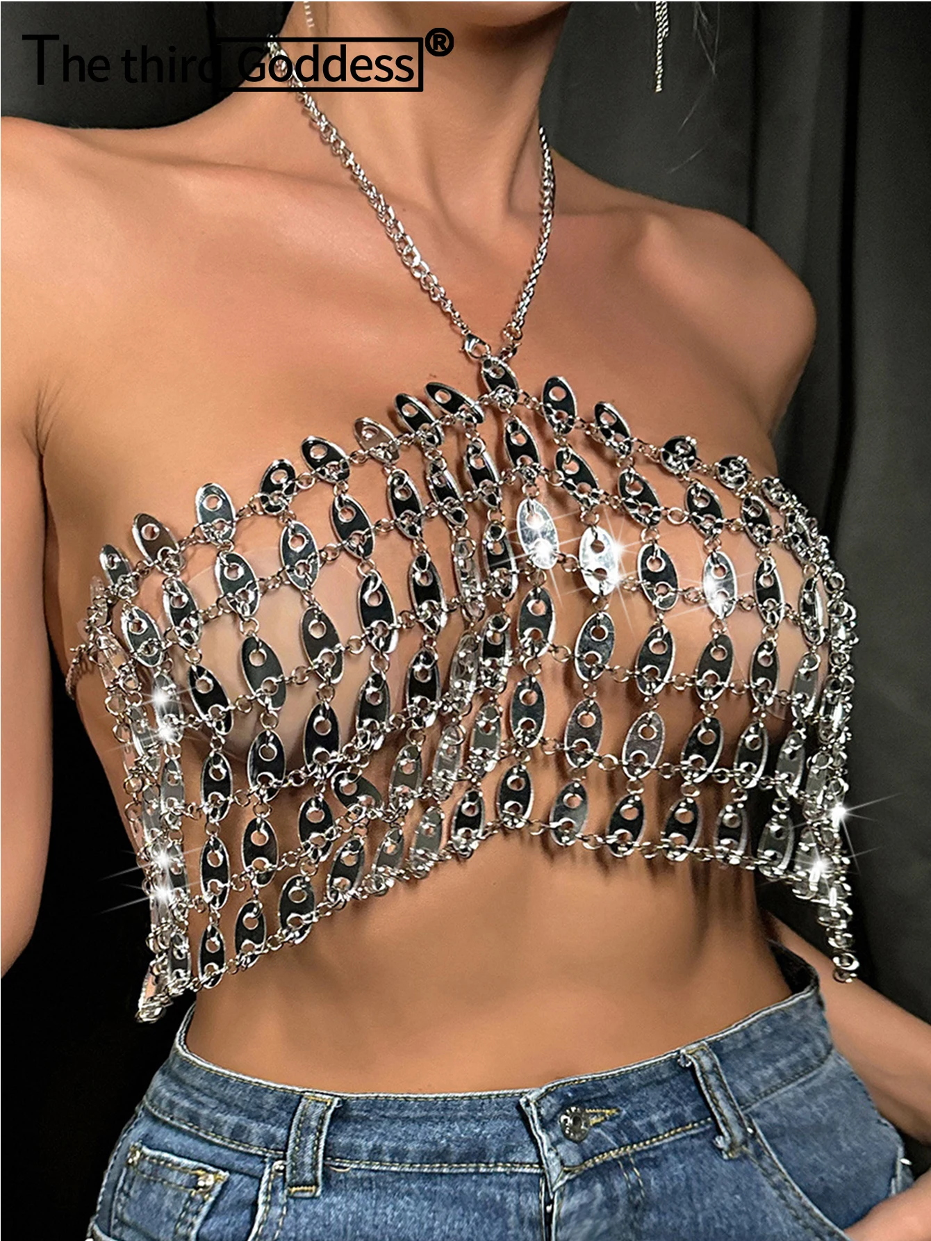Sexy metal sequin corset crop top women summer see through cropped y2k tops woman club party halter tank top hotwife rave oufit