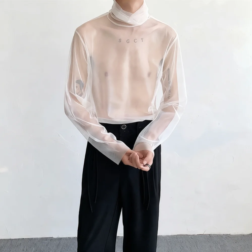 Fashion Mens See Through Mesh T Shirt High Collar Long Sleeve Breathable Summer Outwear Stylish Base Layer Slim Fit Casual Top