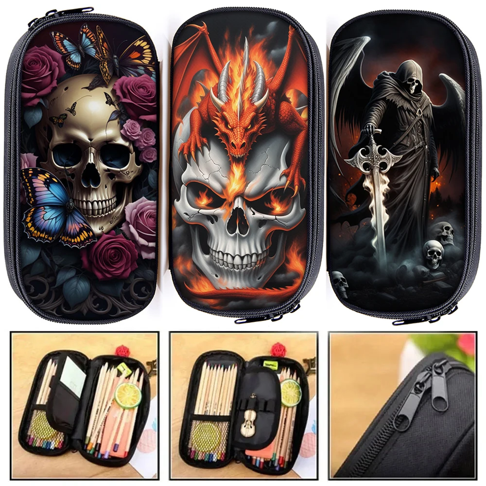 Cool Punk Rock Skull Print Cosmetic Case Skull Rose Butterfly Pencil Bag Skeleton Pencil Box Grim Reaper School Stationary Bags