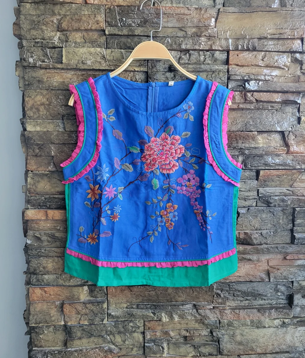 Vintage tank top for women Summer linen floral sleeveless  t-shirt Chinese style embroidery lace ruched blue tops high quality