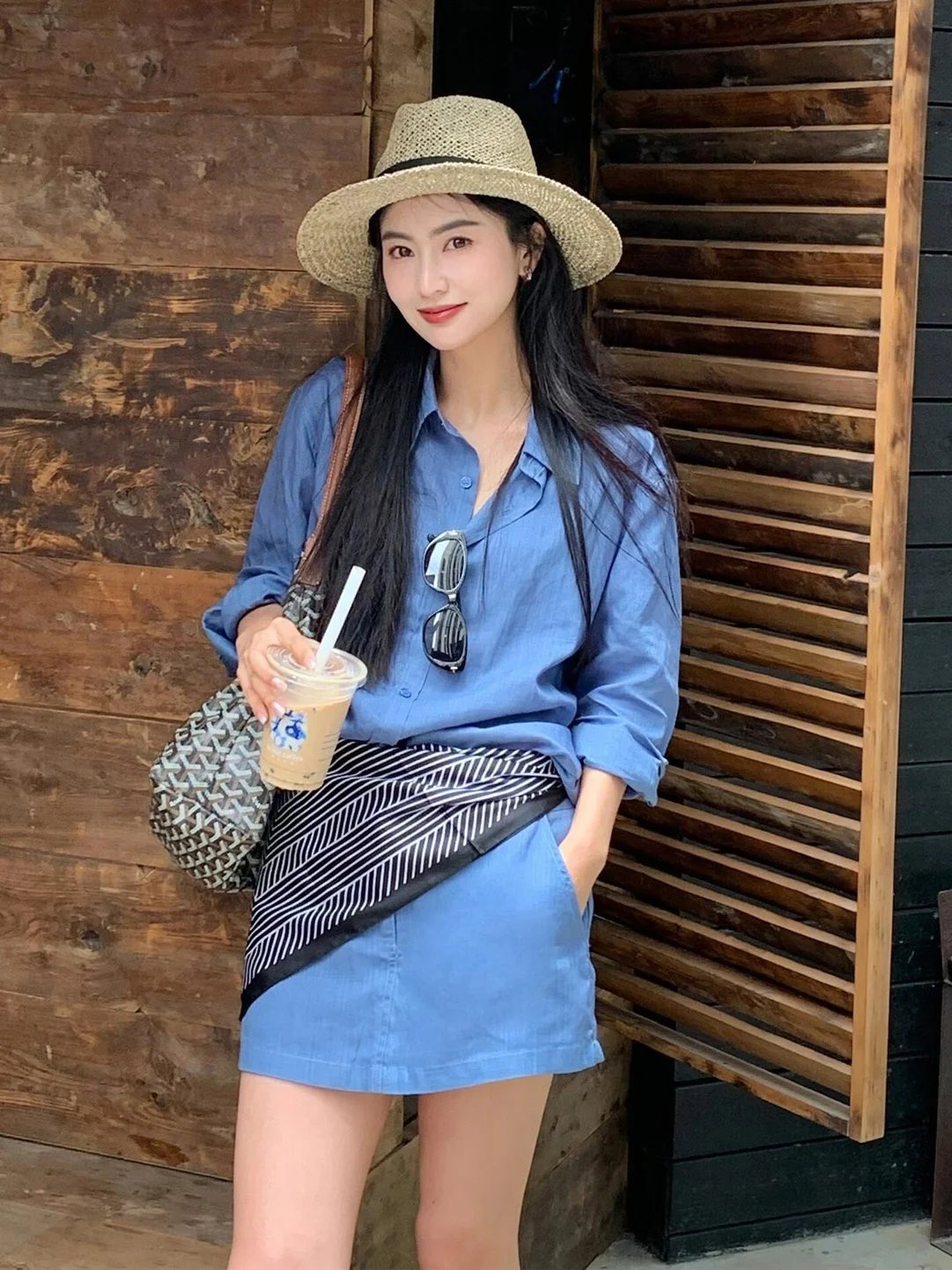 

Fashionable Blue Long Sleeve Shirt Women's New Style Slimming Blue Skirt Pants Casual Versatile Set Trendy High Waist Shorts