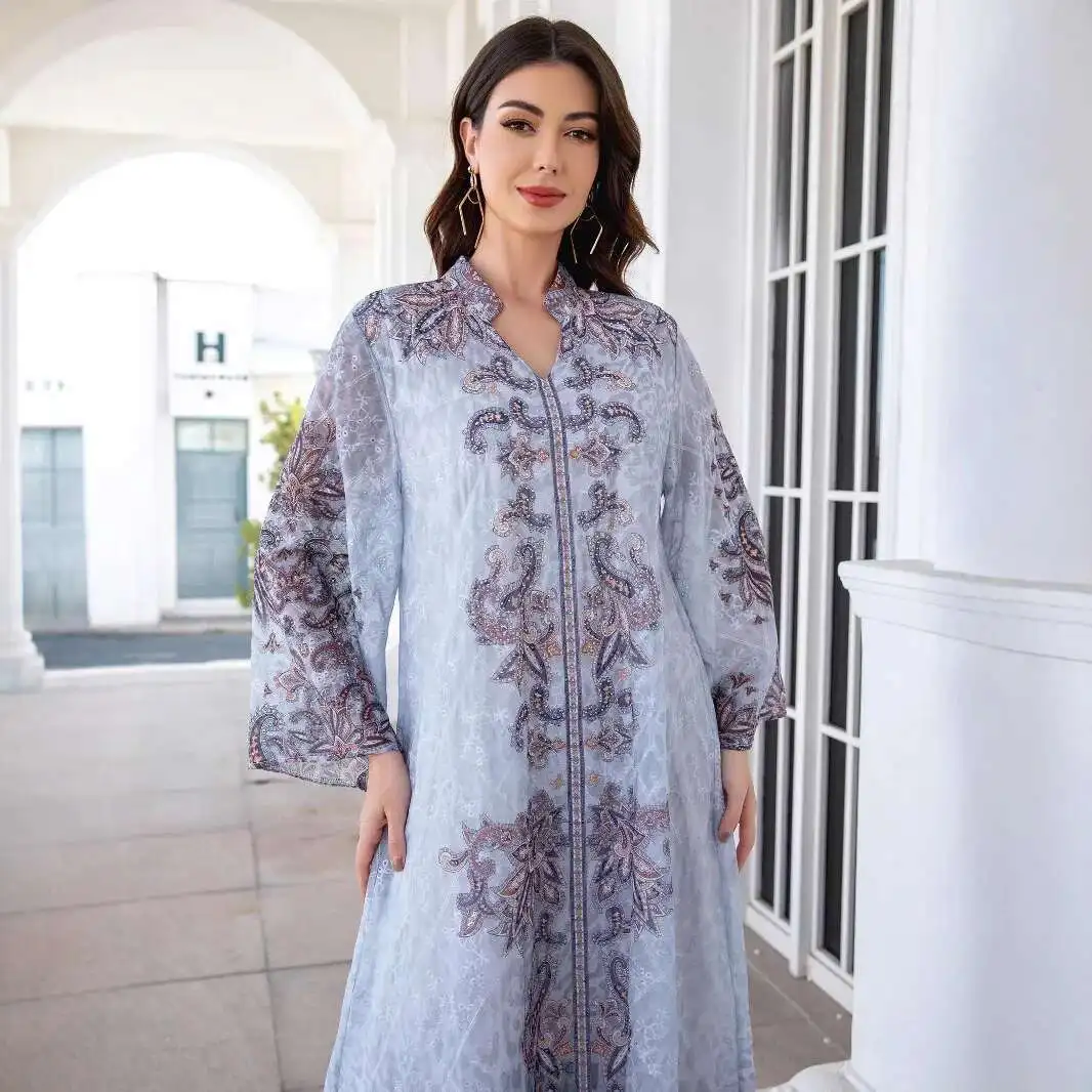 

241105 Muslim Women's Clothing Long Robe Embroidered Fabric Print Rhinestone Women's Long Dress Abaya Dubai Luxury Islam Elegant
