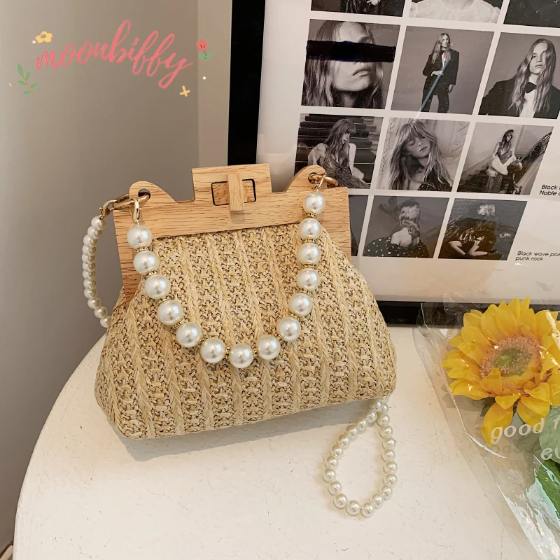 Straw Wooden Lock Hand Bags Woman Pearl Crossbody Bag Fashion Purses and Handbags Luxury Designer Shoulder Bag Large Clutch Bag