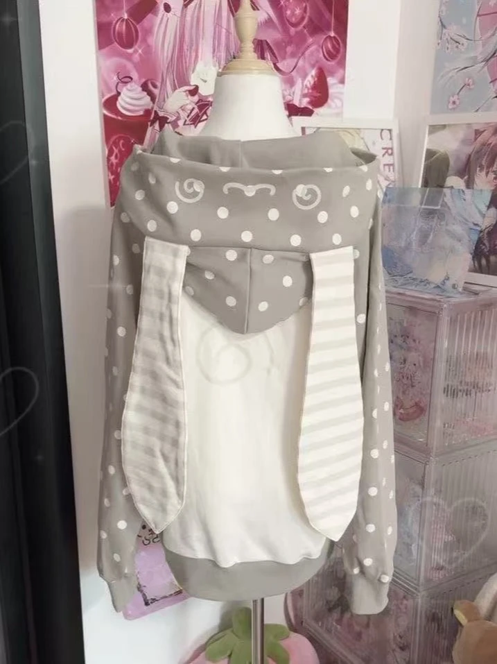 2025 신상 후드 재킷 귀여운 물방울 무늬 귀 디자인 캐주얼 루즈핏 여성 스웨트셔츠 가을 겨울 귀여운 만화 패션 아우터웨어