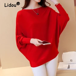 Pullover Elegante Mode Casual Lange Batwing Sleeve Slash Neck Lose Gestrickte Solide Tops Frühling Herbst 2022 Neue frauen Pullover