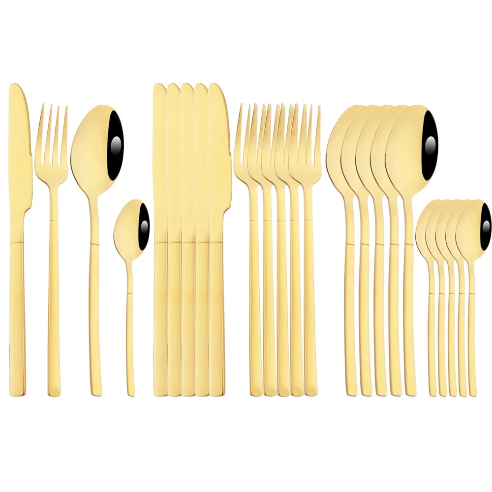 Drmfiy Gold Dinnerware Western Kitchen Silverware Stainless Steel Cutlery Set 24Pcs Dinner Fork Knife Tea Spoon Tableware Set