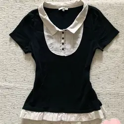 Y2k Sweet SlimTshirt Goth Fake 2 Pieces Vintage Punk Short Sleeve 2000s Button Crop Top Woman Clothing ONeck Harajuku Korea Tees