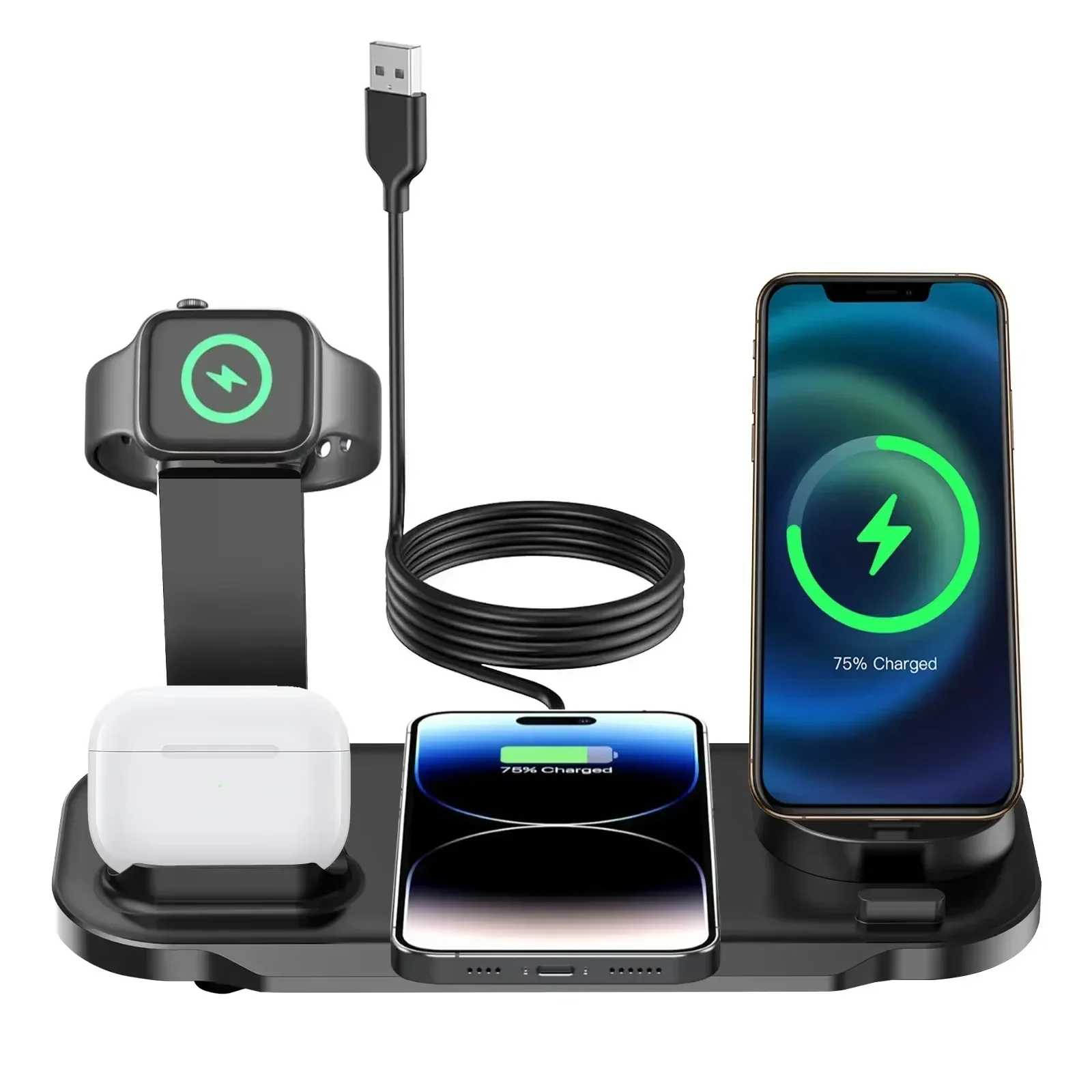 6 in 1 Wireless Charger Station for iPhone 16 15 14 13 12 11 Apple Watch Airpods Desk Phone Charger Fast Charging Dock Station