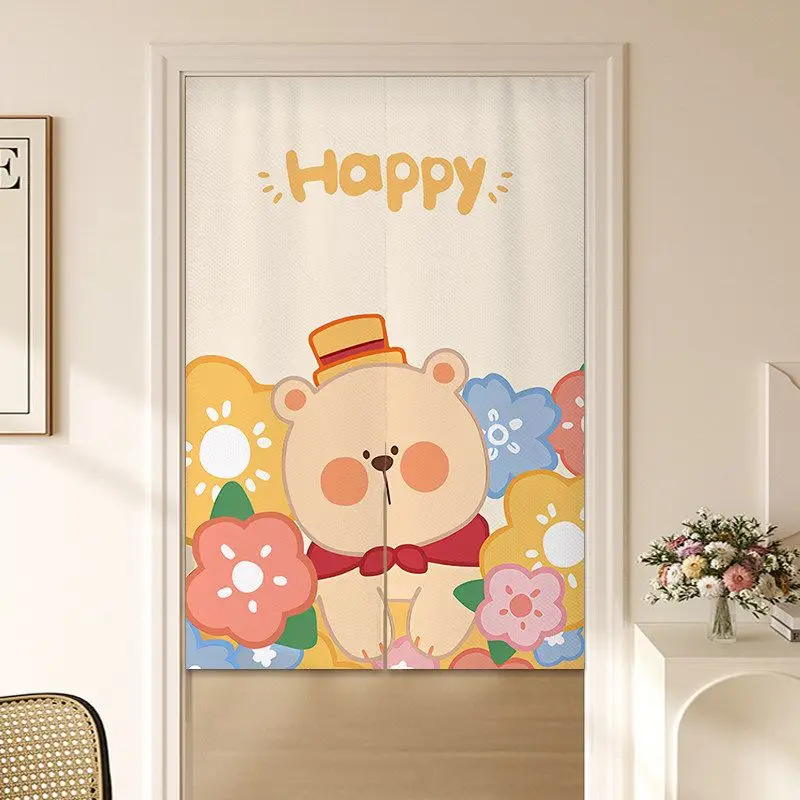 VIKAMA Japanese Happy Bear Floral Noren Doorway Curtain Room Divider Privacy Tapestry for Kids Bedroom Sweet Home Decor
