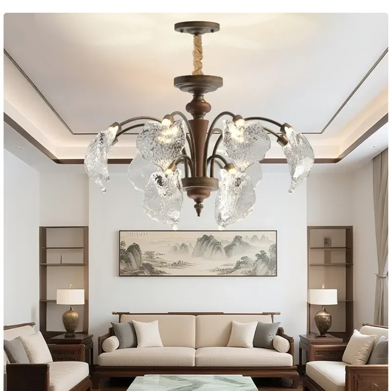 French Retro Walnut Solid Wood Chandelier Medium Size Antique Living Room Hallway Ceiling Light Fixture