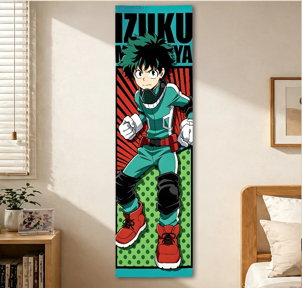 Vertical Long Anime Boy Tapestry Green Spiky Hair Hero Character Wall Hanging Retro Burst Polka Dot Background Wall Cloth For