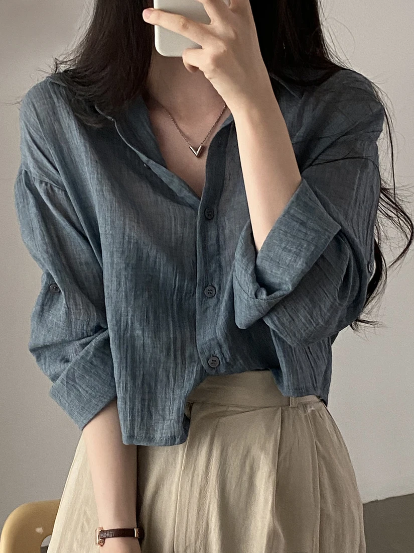 

Summer Women's Korean Sle Long Sve Cotton Linen Air Conditioning irt Lightweight Sunscreen irt Folded Design Versatile
