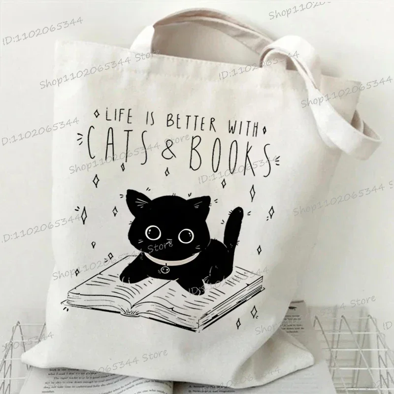 Life Is Better with Cats & Books Canvas Tote Bag Women Cute Cat Shopping Bags Student Literary Book Shoulder Bag Cartoon Handbag