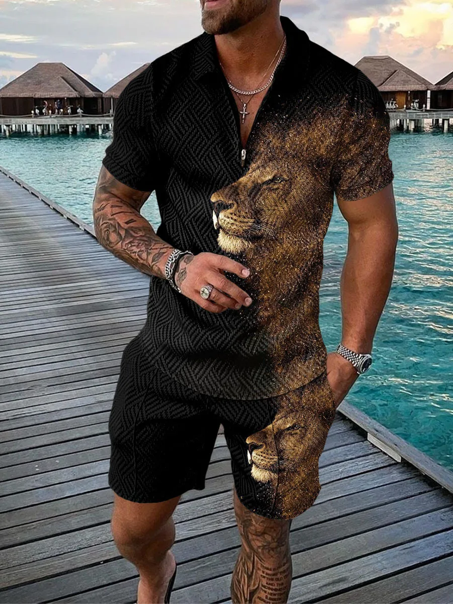 Ensemble polo pour hommes, manches courtes, motif Lion Beast, chemise polo et short, 2 pièces, survêtement homme, col en V, fermeture éclair, costume haut de gamme