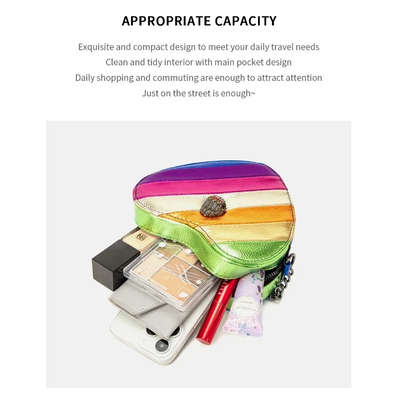 2026 New Metallic Rainbow Stripes Heart Bag PU Leather Chain Crossbody Purse view 6