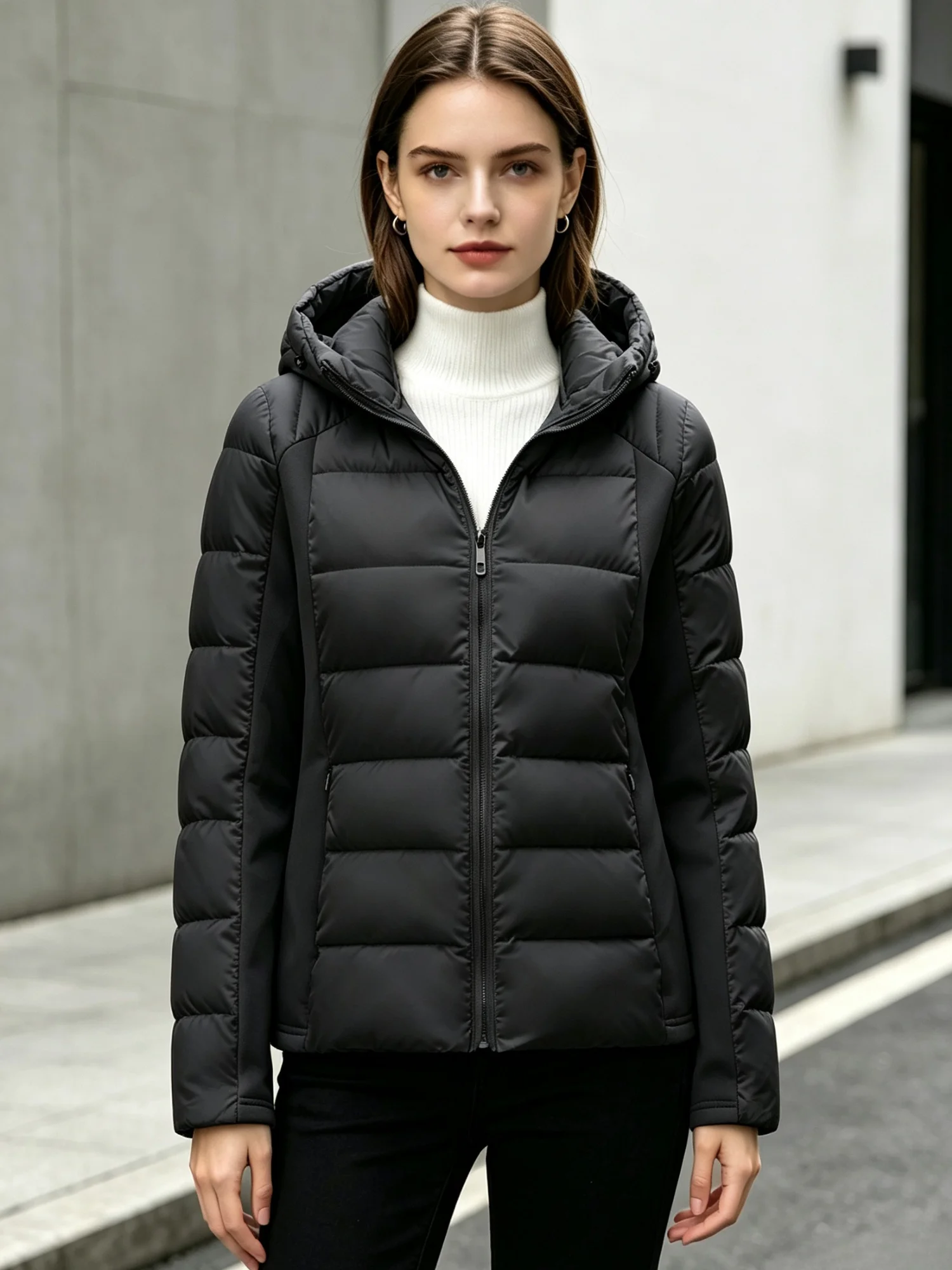 Women's Slim-Fit Hooded Jacket Outdoor Casual Versatile Solid Color Top Warm Winter Coat Zippered Pockets Patchwork Outerwear