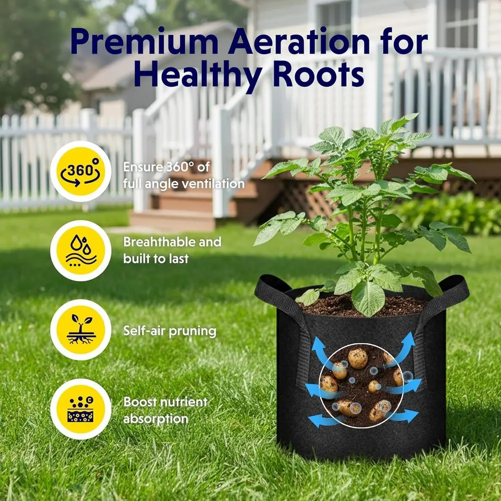 5-Pack 10 Gallon Plant Grow Bags Thickened Nonwoven Aeration Fabric Pots Heavy Duty Durable Container Garden, Black New