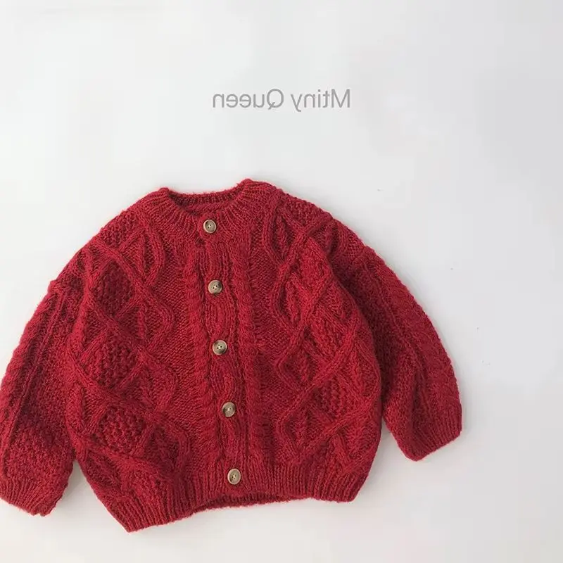 WF Korean Children's Sweater Christmas Winter Treasure Hemp Pattern Knitted Cardigan Foreign Style Kids Clothes Girls Cardigan