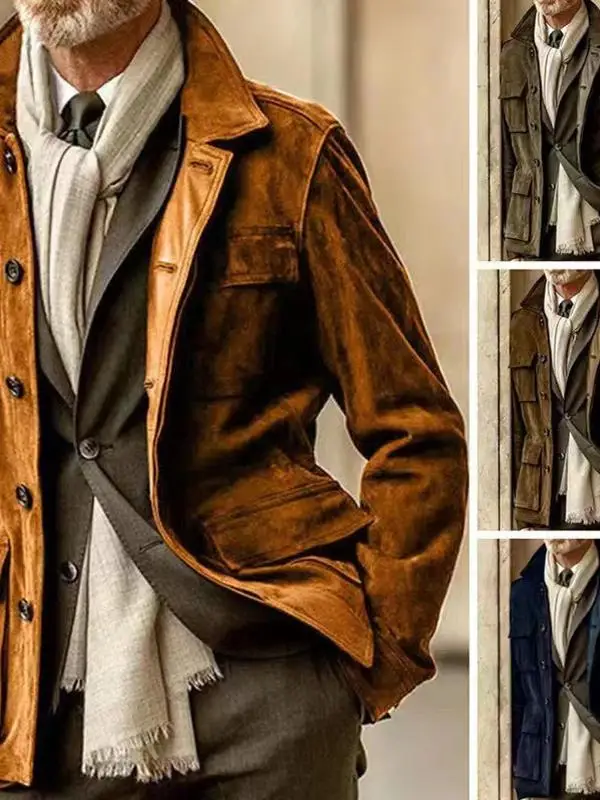 

Premium New Men's Leather Velvet Casual Coat Autumn Spring Fit Sle Multi-ket Windbreaker Middle-Length Single-Button Clo...