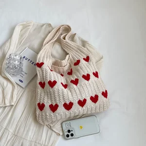 نمط القلب لون حجب الكروشيه حقيبة يد ، حقيبة الكتف ، سعة كبيرة ، حقيبة الشاطئ ، حقيبة تبديل متعددة الاستخدامات ، أزياء ، 1 قطعة أفضل 12 حقيبة شاطئ كروشيه مبيعا - رقم 12