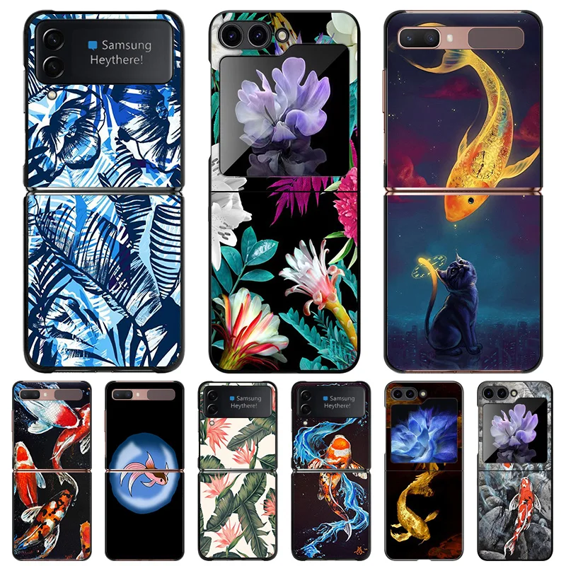 Anti-Drop Black Hard Phone Case For Samsung Z Flip6 Flip5 5G Flip4 zflip 6 5 4 3 Plants Banana Leaves Leaf Goldfish Shell Cover